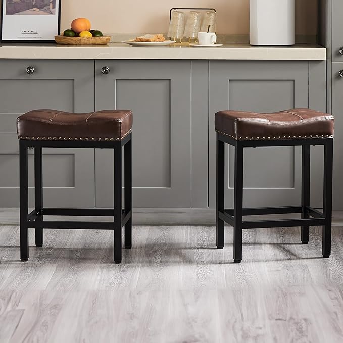 Sweetcrispy 24 inch Bar Stools Set of 6, Upholstered Modern Counter Height Bar Stools for Kitchen Island Modern PU Leather Sadless Stools Chair with Metal Base and Footrest,Brown
