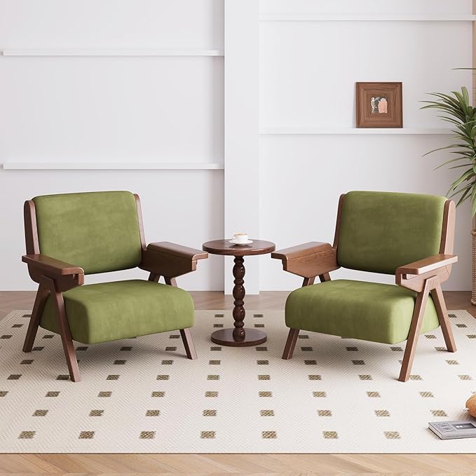 Accent Chair Mid Century Modern Chair, Velvet Upholstered Lounge Arm Chair with Solid Wood, Cozy Reading Chair for Living Room, Bedroom, Balcony (Green, Single Chair)