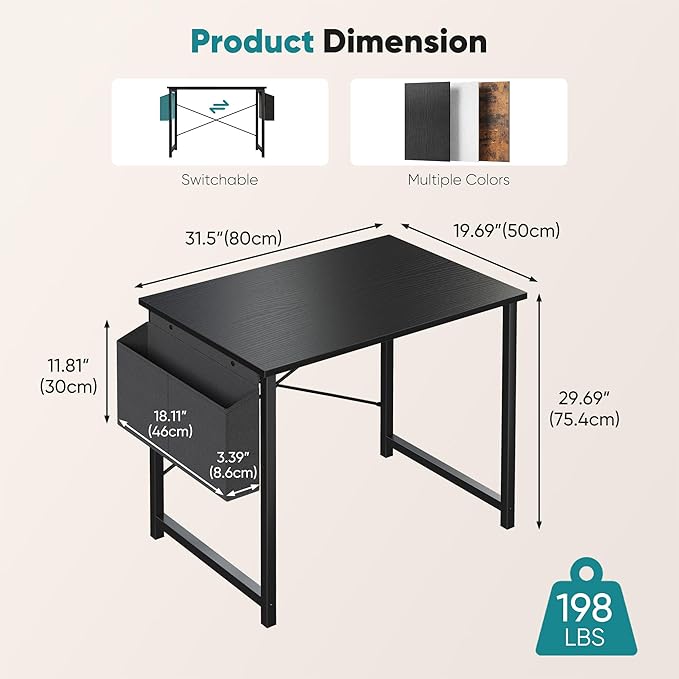 OLIXIS Computer Desk 31 Inch Home Office Desks for Small Spaces, Gaming Writing Study Work Table with Storage Bag and Headphone Hook for Bedroom, Black