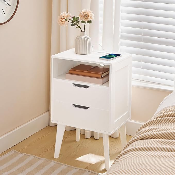 MAHANCRIS White Nightstand with Charging Station, Modern Bedside Table with 2 Storage Drawers and Open Shelf, Night Stand with Solid Wood Legs, for Bedroom, End Side Table for Small Spaces, ETWT69E01