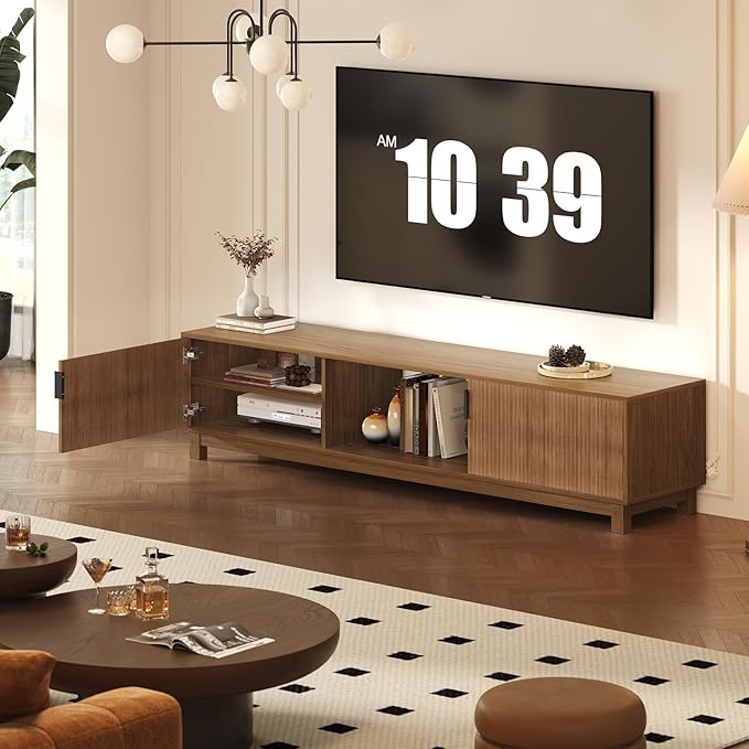 GarveeHome 70" Long TV Stand for Living Room, Mid Century Modern Entertainment Centerfor TVs Up to 75 Inches, TV Console with Fluted Doors & Open Storage Compartment for Livingroom Bedroom- Walnut
