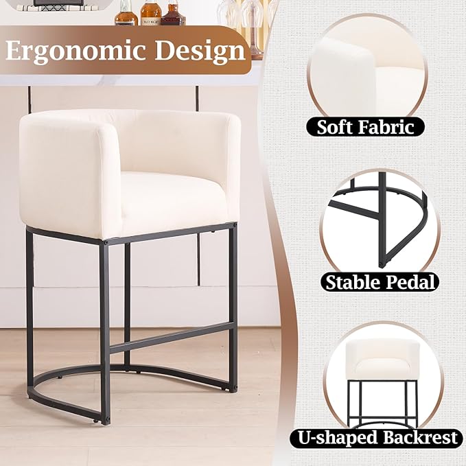 ClinQ 26" H Counter Height Bar Stools Set of 1, Modern Barrel Counter Stools with Backrest and Arms, Black Metal Frames, Linen Fabric Upholstered Accent Barstools for Kitchen Island, Beige