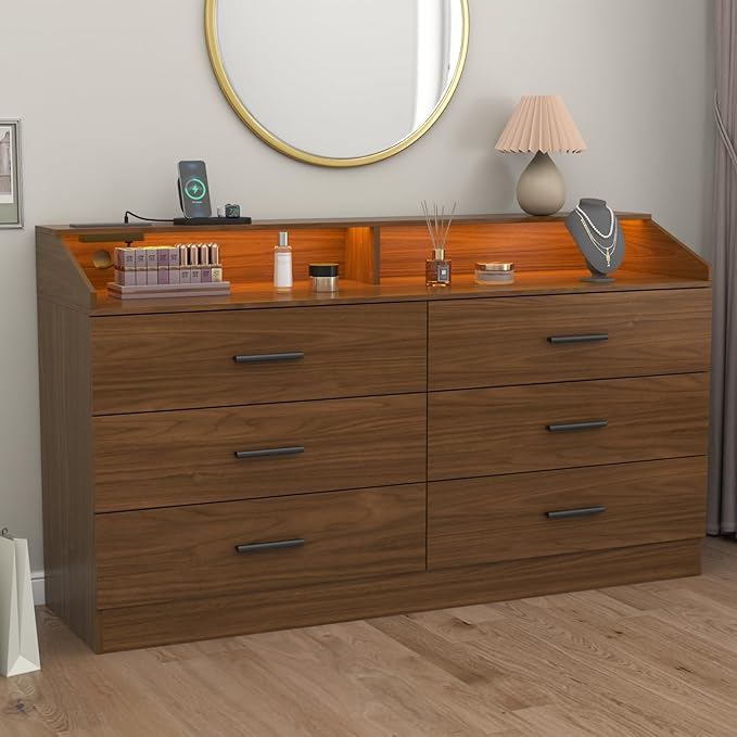 Gyfimoie 6 Drawer Dresser with Power Outlet, Chest of Drawers with LED Light, Modern Dresser with Open Storage Cubby, Double Wide Dressers Organizer for Bedroom, Living Room, Entryway,Hallway