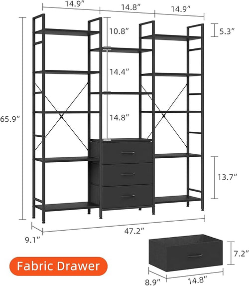 AFLUI Triple Bookshelf with 3 Fabric Drawers, 5-Tier Book Shelf and 10 Display Shelves, Industrial Large Bookcase for Home & Office, Black, 47'' Wide