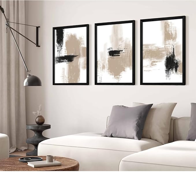 Joocrise Beige Abstract Wall Art Painting Set of 3 Neutral Canvas Wall Art Prints Black Beige Modern Wall Decor Minimalist Art Pictures Abstract Modern Artwork for Room Bedroom 16x24 Inch Wood Framed