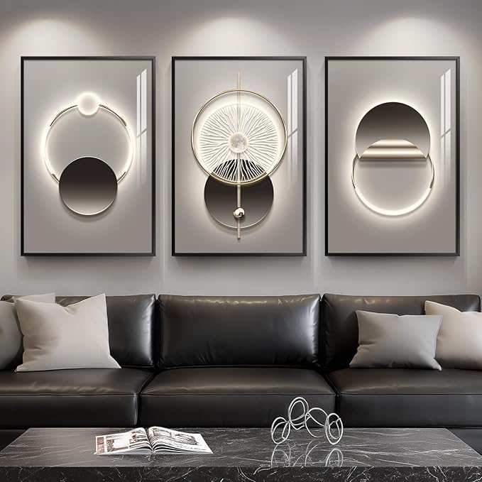 Framed Modern Black and Grey Abstract Wall Art for Living Room, Large 3 Piece Bright Silvery Pictures Artwork Decor, Minimalist Geometric Luxury Painting Prints for Hallway Home Office 24x36 In