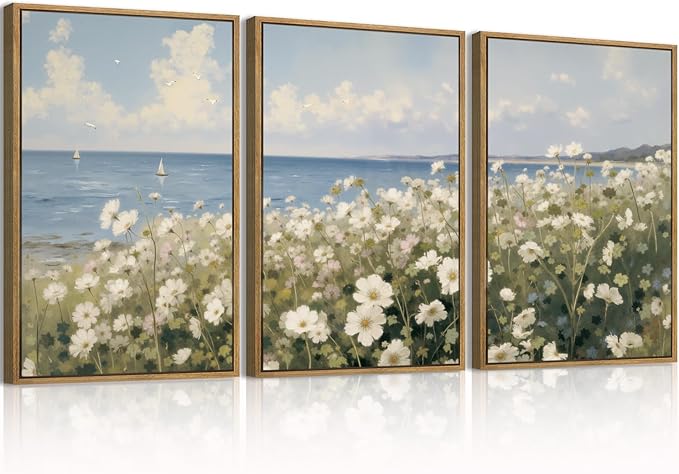 Anyzal Large Farmhouse Flower Framed Wall Art 16x24 Inch Coastal Wildflower Canvas Wall Decor Modern Landscape Painting for Living Room Bedroom Dining Room Set of 3