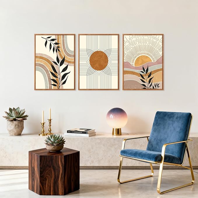 HPINUB Boho Framed Canvas Wall Art Prints, (Set of 3,12X16 Inch) Mid Century Modern Wall Decor, Nature Plants Desert Sun Art Paintings, Bohemian Artwork for Living Room, Bedroom, Dining Room, Office