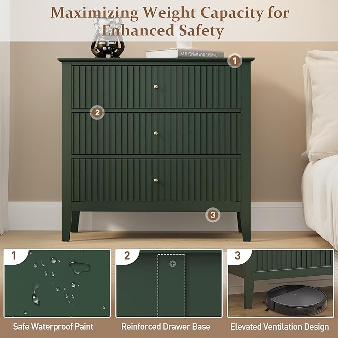 RoyalCraft Large 3 Drawer Dresser Set of 2, Fluted Chest of Drawers with Storage, Modern Painted 30 inch Tall Nightstand for Bedroom Living Room Entryway, Dark Green