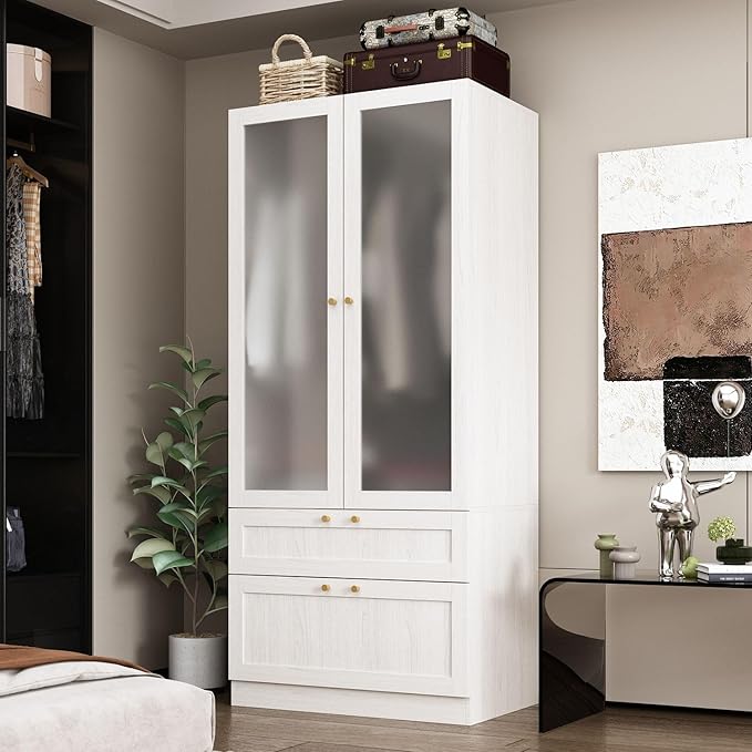 MOUMON 70.9" Wardrobe with Frosted Glass Doors & 2 Drawers, Armoire Closet with Hanging Rod, for Bedroom 31.5”W x 19.7”D x 70.9”H