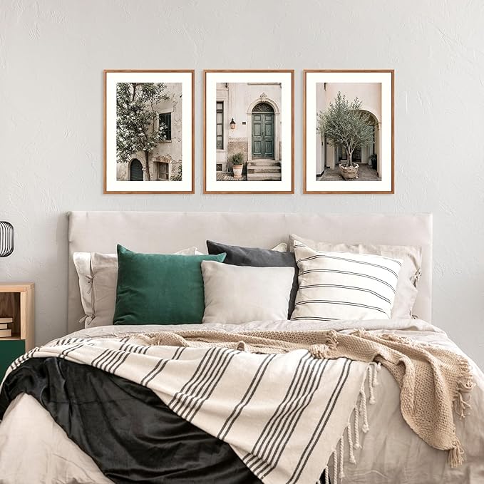 HPNIUB Vintage Italy City Landscape Framed Canvas Wall Art Set, Olive Green Tree Country Wall Decor, Modern Minimalist Countryside Villages Picture for Living Room,Office(Set of 3,12X16 Inch)
