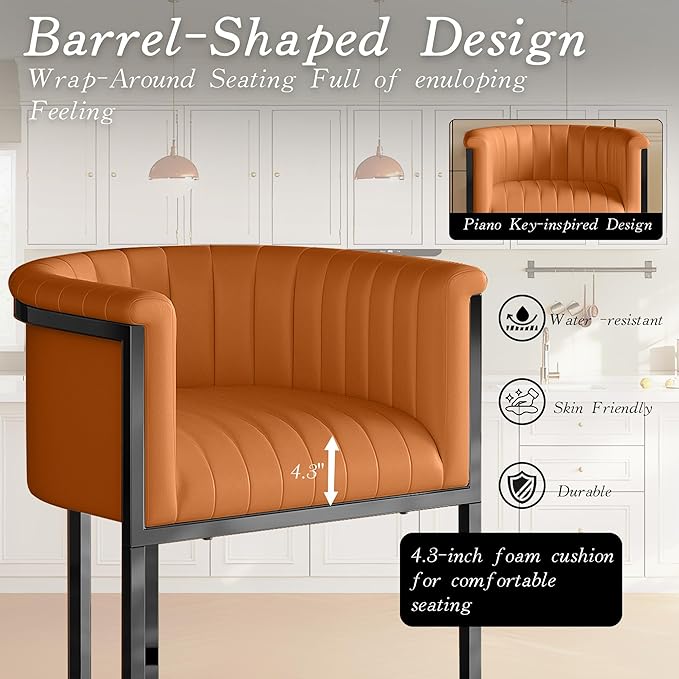 Modern Counter Height Bar Stools,Bar Stools Set of 4,PU Leather Upholstered Barrel Barstools with Backs and Arms,26" Kitchen Island Chairs,Metal Black Frames,Camel Brown Leather