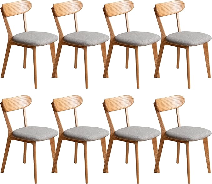 Modern Solid Wood Dining Chair Set of 8, Kitchen Dining Room Chair with Upholstered Cushion and Seat Cover, Curved Backrest, 100% FAS Grade North America Oak Wood, Natural