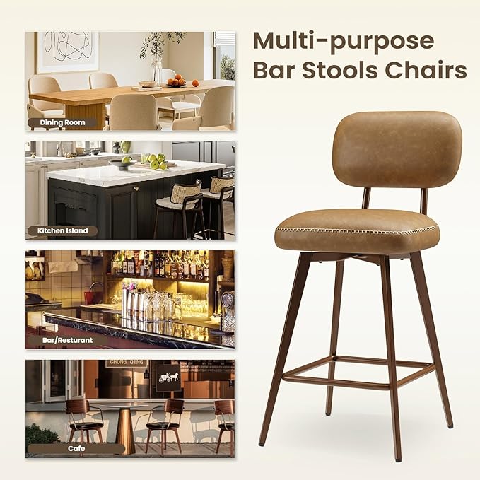 MALOL 26“ PU Leather Swivel Bar Stools Set of 3, Mid Century Counter Height Bar Chairs with Low Back and Metal Legs, Modern Bar Stool Chair for Kitchen Island, Brown