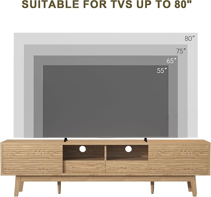 MU 70 Inch TV Stand for TVs up to 75 Inch, Mid Century Modern TV Console with Fluted Sliding Doors, Shelves & Drawers, Low Profile Entertainment Center for Bedroom, Living Room (Oak, 70")