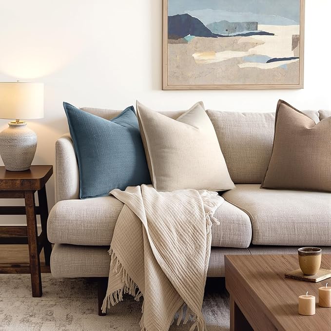 MIULEE Pack of 2 Thick Textured Couch Throw Pillow Covers, Blue Decorative Pillow Covers 20x20, Neutral Linen Cushion Cases for Sofa Bed Living Room Modern Farmhouse Home Decor, No Filling