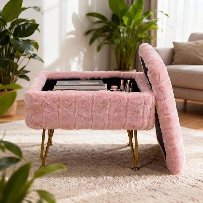 ACEQLYT® Small Foot Stool, Small Ottoman with Storage, Pink Furry Footstool with Soft Padded Seat & Gold Metal Leg