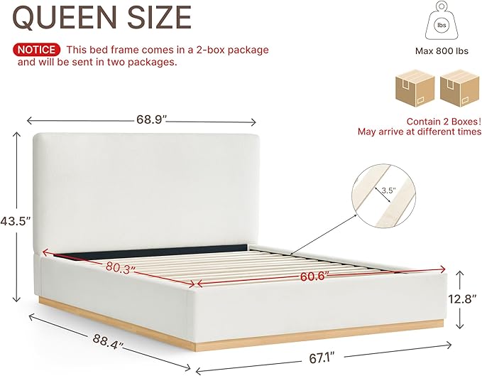 KISLOT Upholstered Queen Size Bed Frame, Boucle Fabric Platform Bed Mattress Foundation Noise-Free No Box Spring Needed Easy Assembly