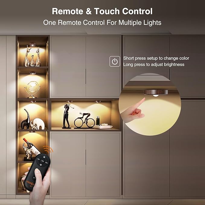 Puck Lights with Remote Control Rechargeable,Wireless Under Cabinet Lighting,2000mAh Battery Operated Tap Push Touch Lights,Stick On Lights for Counter,Shelf,Bookcase (Wood Color, 5 Pcs)