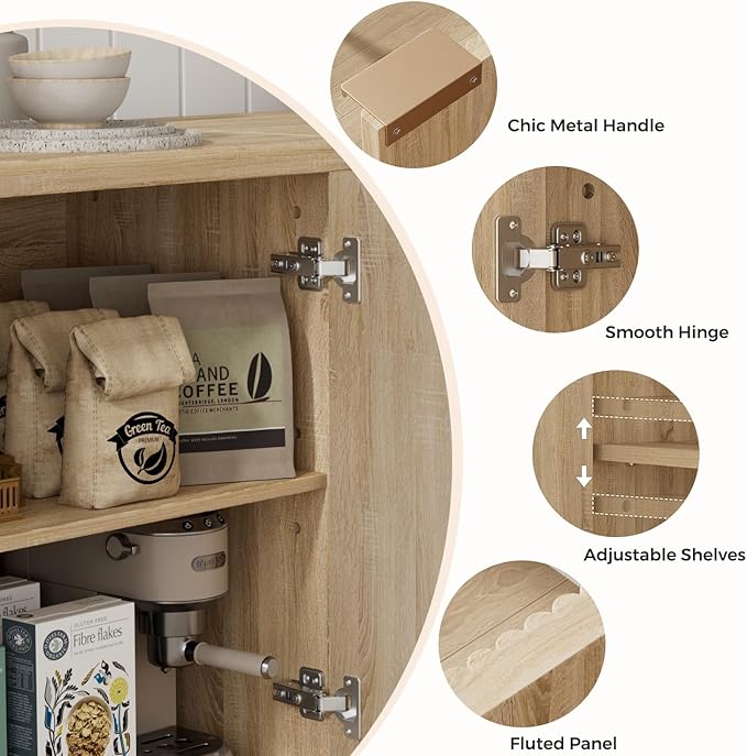 Homleke Buffet Cabinet with Storage, Modern Fluted Accent Sideboard with Doors & Adjustable Shelves, Buffet Table Entryway Cabinets for Living Room, Kitchen, Dining Room, Hallway, Natural