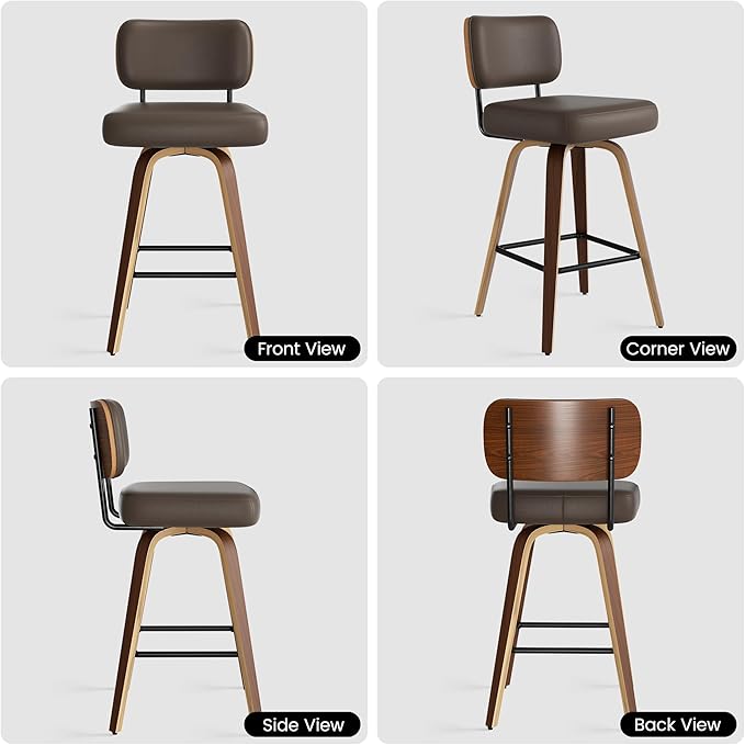 Swivel Bar Stools Set of 2, 26" Upholstered Faux Leather Counter Height Barstools with Walnut Back & Bentwood Legs, Mid Century Modern Bar Chairs Island Stools for Kitchen Counter, Coffee