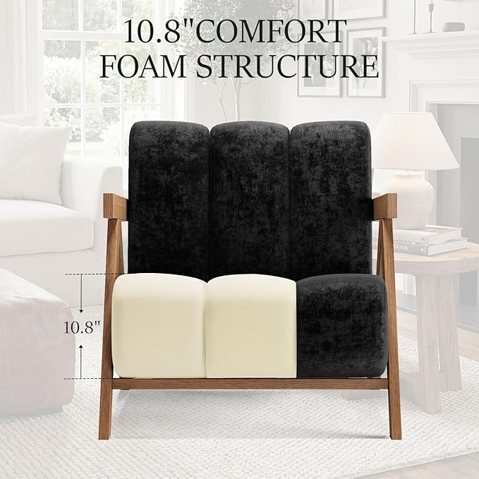 Modern Accent Chair Set of 2 for Living Room Bedroom,Comfy Chenille Reading Chair with Wood Frame,Upholstered Lounge Armchair with Thick High-Elastic Sponge for Apartment & Waiting Room(Black,2)