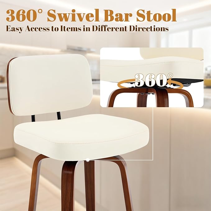 Counter Height Bar Stools Set of 1, 26+inch Swivel Faux Leather Barstool with Back, Upholstered Mid-Century Modern Bar Chairs with Bent Wood Legs for Kitchen Counter, Dining Room, Cream White