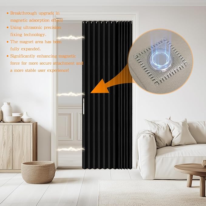 Jilron Accordian Door Curtain, 100% Blackout Folding Magnetic Doorway Curtains,Linen Style Closet Doors,for Room Divider,Privacy Protection（W72 x L78,Black,1 Panel）