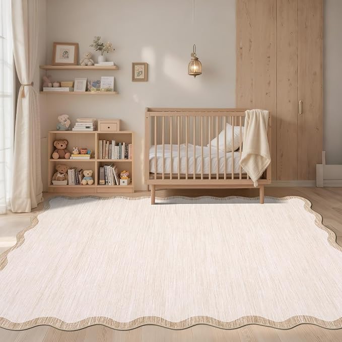 GarveeHome Scalloped Washable Rug 3x5, Beige Boho Living Room Area Rug, Bordered Non-Slip Farmhouse Bedroom Carpet Dorm Room Throw Rug, Low Pile Soft Accent Mat for Kitchen Entry Office 3'x5' Beige