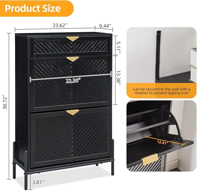 Shoe Cabinet Storage with 2 Flip Drawers, Narrow Hidden Shoes Organizer Cabinet for Entryway, Freestanding Slim Shoe Rack Front Door Entrance(Black)