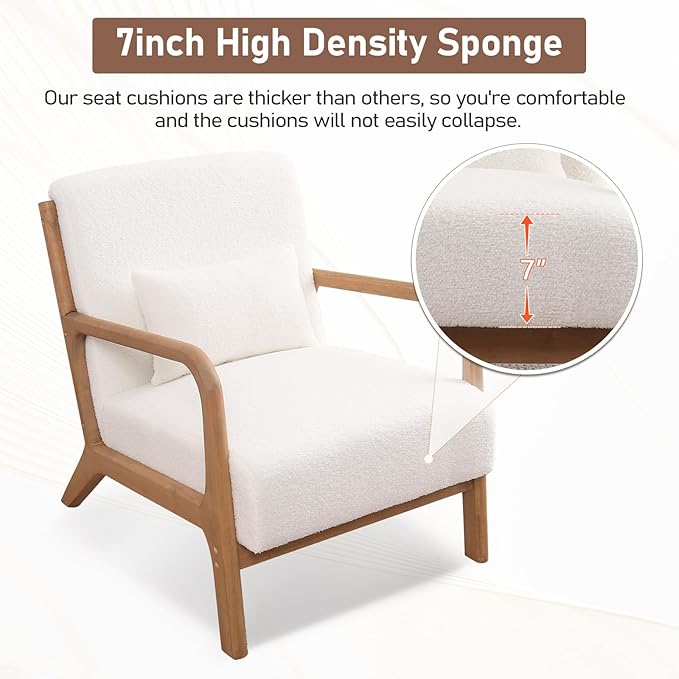 ANJ Mid Century Modern Accent Chair, Single Fabric Lounge Reading Armchair with Solid Wood Frame, Easy Assembly Arm Chairs for Living Room, White