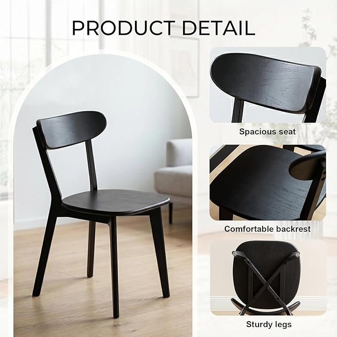 100% Solid Wood Dining Chairs,Mid Century Modern Dining Chairs with Rounded Backrest,Kitchen,Dining Room Chairs Set of 1/2/4 (2, Black Color)