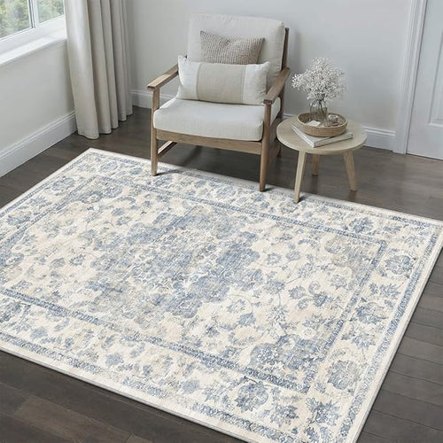 3x4 Washable Neutral Area Rug Blue Vintage Entryway Office Carpet Non-Slip Soft Low Pile Farmhouse Throw Rug for Entrance Living Room Bathroom Dining Room