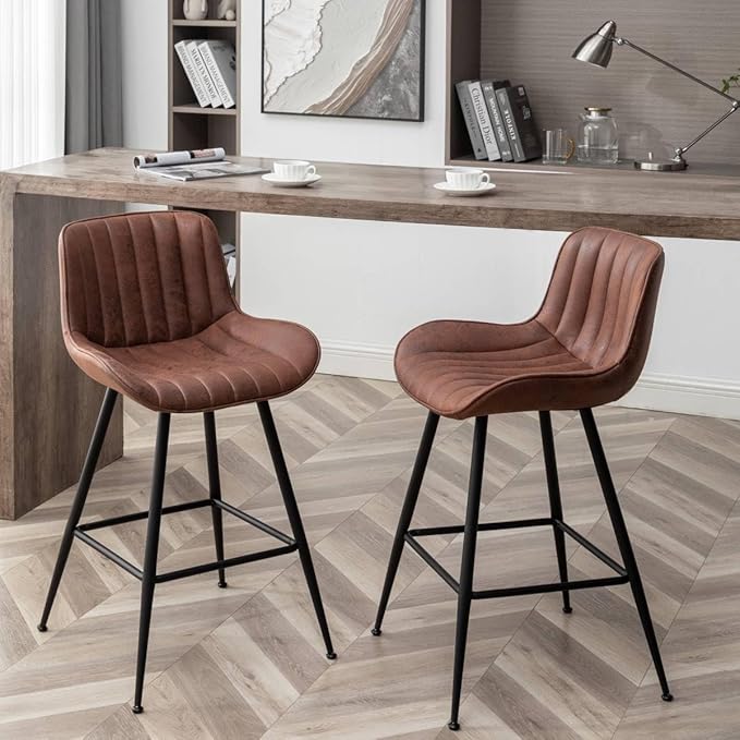 Brown Bar Stools Set of 2, Fabric Upholstered Barstools Armless, 24 in Bar Stool Bar Height, Black and Brown Barstools for Home Bar, Coffee Bar.