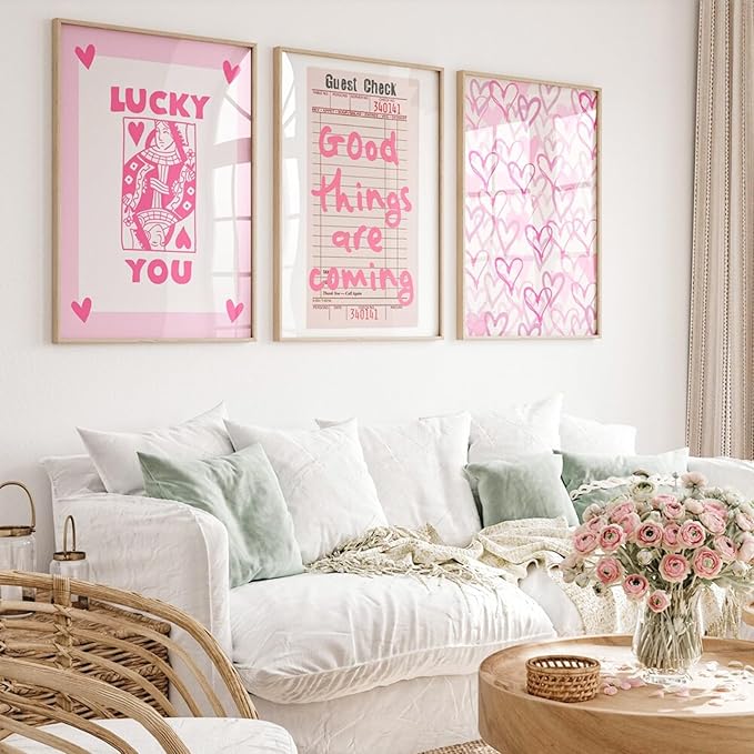 Lucky You Pink Wall Art Guest Check Preppy Wall Decor Trendy Aesthetic Canvas Wall Art Funky Retro Poster Hearts Cute Picture Prints Inspirational Artwork for Room Bedroom 16x24 Inch Unframed Set of 3