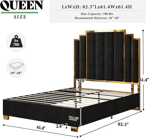 AMERLIFE Queen Size Upholstered Bed, Modern Velvet Bed Frame with 61.4” Tall Gold Trim Headboard, No Box Spring Needed, Black