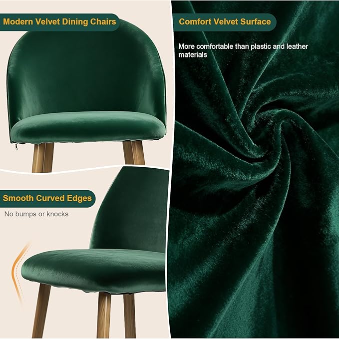 Dining Chairs Set of 2, Velvet Comfortable Seats, Mid-Century Modern Living Room Chairs, Upholstered Kitchen Chairs with Wooden Legs and Padded Seat for Bedroom Office Easy Assembly, Green