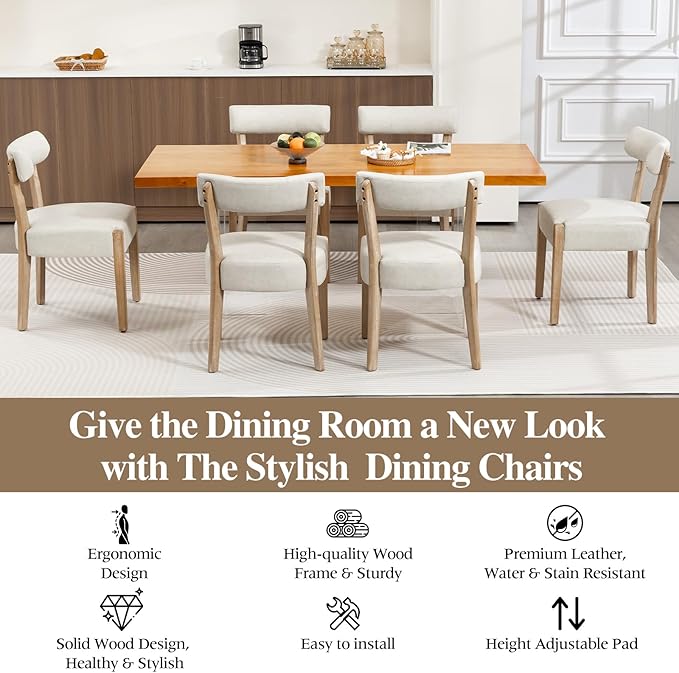 ZJhome Modern Dining Chairs Set of 4 – Mid-Century Modern Faux Leather Upholstered Kitchen & Dining Room Chairs with Curved Back, Oversized Rounded Seat, Sturdy Wood Frame, Beige