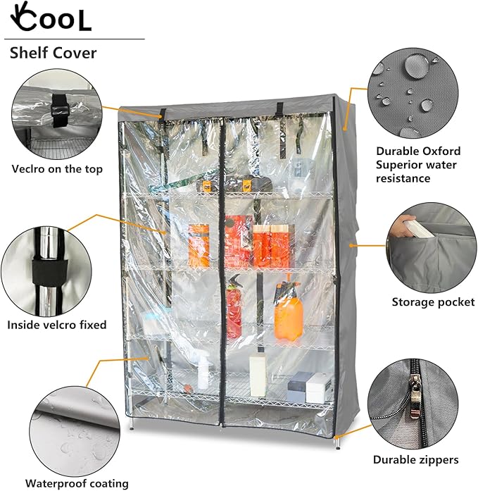 okcool Waterproof Shelf Cover,600D Heavy Duty Wire Shelving Unit Cover,Shelf Display Rack Protector Cover with Zipper,One Side See Through Panel.(Grey,Fits 36" Wx14 Dx54 H Shelves)