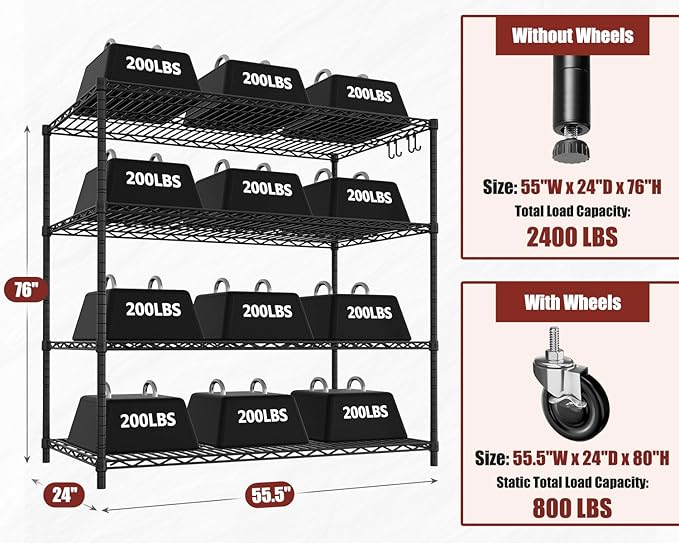 PrimeZone 6 Packs 55.5" W x 24" D x 80" H Heavy Duty Wire Storage Shelves with Wheels, 4 Tier Adjustable NSF Commercial Garage Shelving Unit, Rolling Metal Organizer Shelf Rack for Warehouse, Pantry