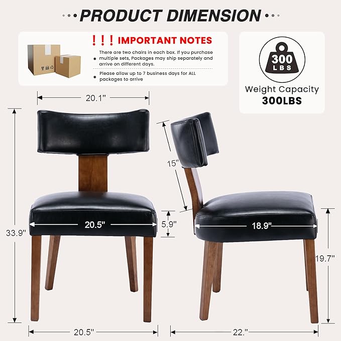 HNY Mid Century Modern Dining Chairs Set of 2, Farmhouse PU Leather Upholstered Accent Chair Curved Backrest Kitchen Chairs, with Hardwood Frame, Black