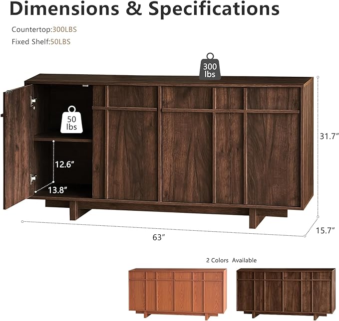 Sideboard Buffet Cabinet with Storage, Mid Century Modern Accent Cabinet with Skeleton Line & Wood Grain Texture, 63" Minimalist Credenza for Living Room Kitchen Dining Room Entryway, Walnut