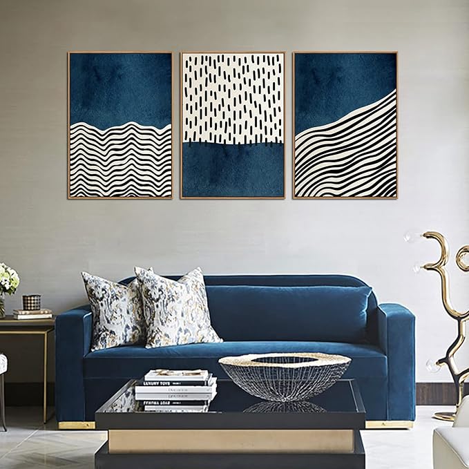 Framed Wall Art Canvas Set Mid Century Boho Picture Modern Abstract Geometric Lines Wall Decor Minimalist Black Indigo Canvas Painting Artwork Living Room Bedroom Home Office 20"x28"x3 Natural