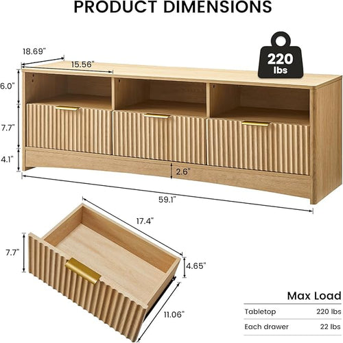 AMADA HOMEFURNISHING Fluted TV Stand for TVs Up to 65″, Mid-Century Modern Entertainment Center with Storage Drawers and Open Shelf, TV Console for Living Room or Bedroom, Natural Oak
