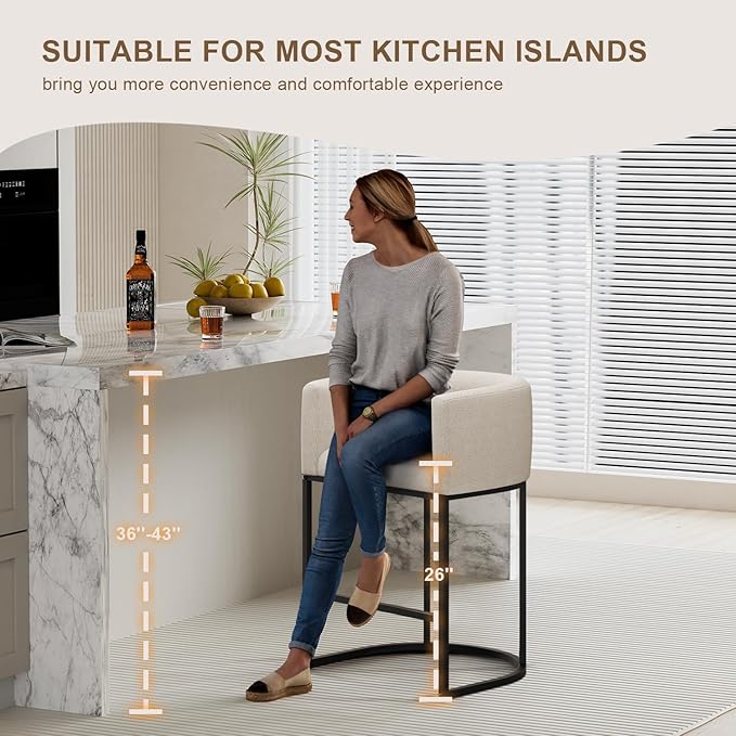 26" H Counter Height Bar Stools Set of 3, Modern Barrel Counter Stools with Backrest and Arms, Linen Fabric Upholstered Accent Barstools for Kitchen Island,Support 450 LBS (Beige)
