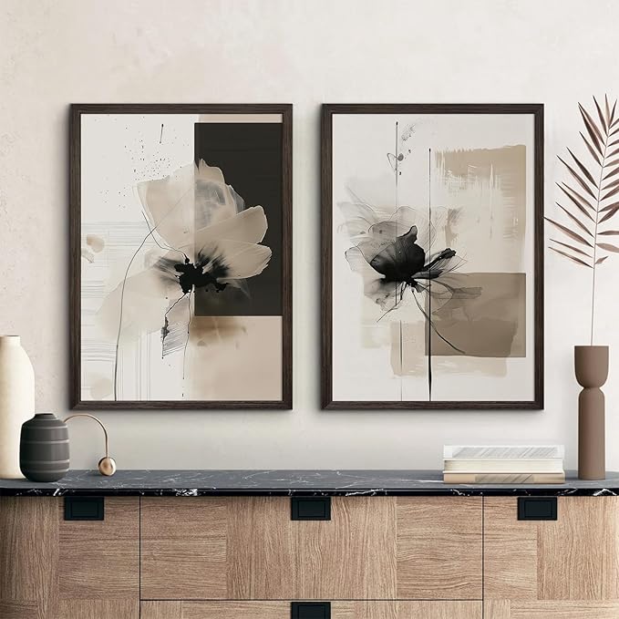 Tocliky Modern Abstract Floral Wall Art Minimalist Neutral Canvas Painting Decor Beige Cream And Black Wall Art Contemporary Flower Picture Prints for Living Room Bedroom 12x16 Inch Framed Set of 2