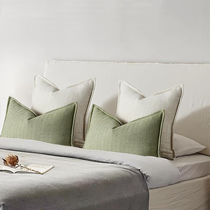 DEZENE 18x18 Linen Pillow Covers Beige Pack of 2 Farmhouse Boho Neutral Accents Striped Textured Square Decorative Throw Pillow Cases for Living Room Couch Bed Home Decor