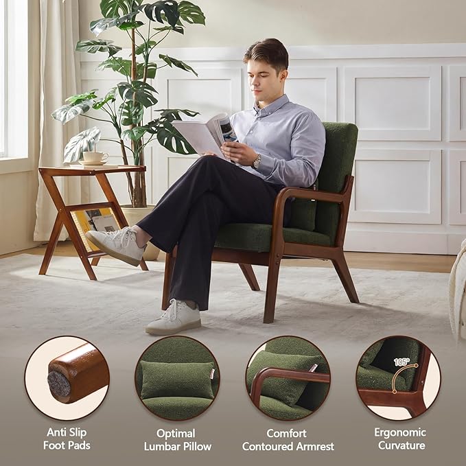 Achicsofar Accent Chair Mid Century Modern Armchair with Lumbar Support Pillow Wood Legs PU Leather Upholstered Lounge Chairs Comfy High Back Cushion for Living Room Bedroom