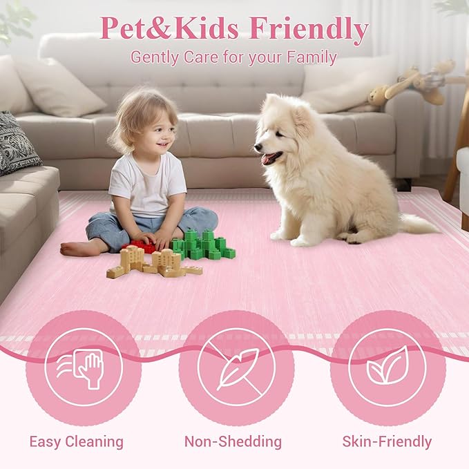 Garvee Modern Scalloped Rug 9x12 Washable Rugs for Living Room, Non-Slip Non-Shedding Faux Wool Soft Carpet, Minimalist Solid Neutral Large Floor Mats for Home Office Decor, Pink