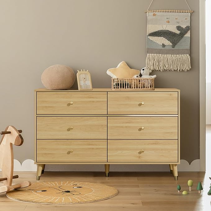 Chrangmay 6 Drawer Dresser,47" Wide Mid Century Modern Chest of Drawers,Wooden Bedroom Drawer Dresser with 6 Storage Drawers for Bedroom,Living Room,with Anti-Tipping Device,Wood